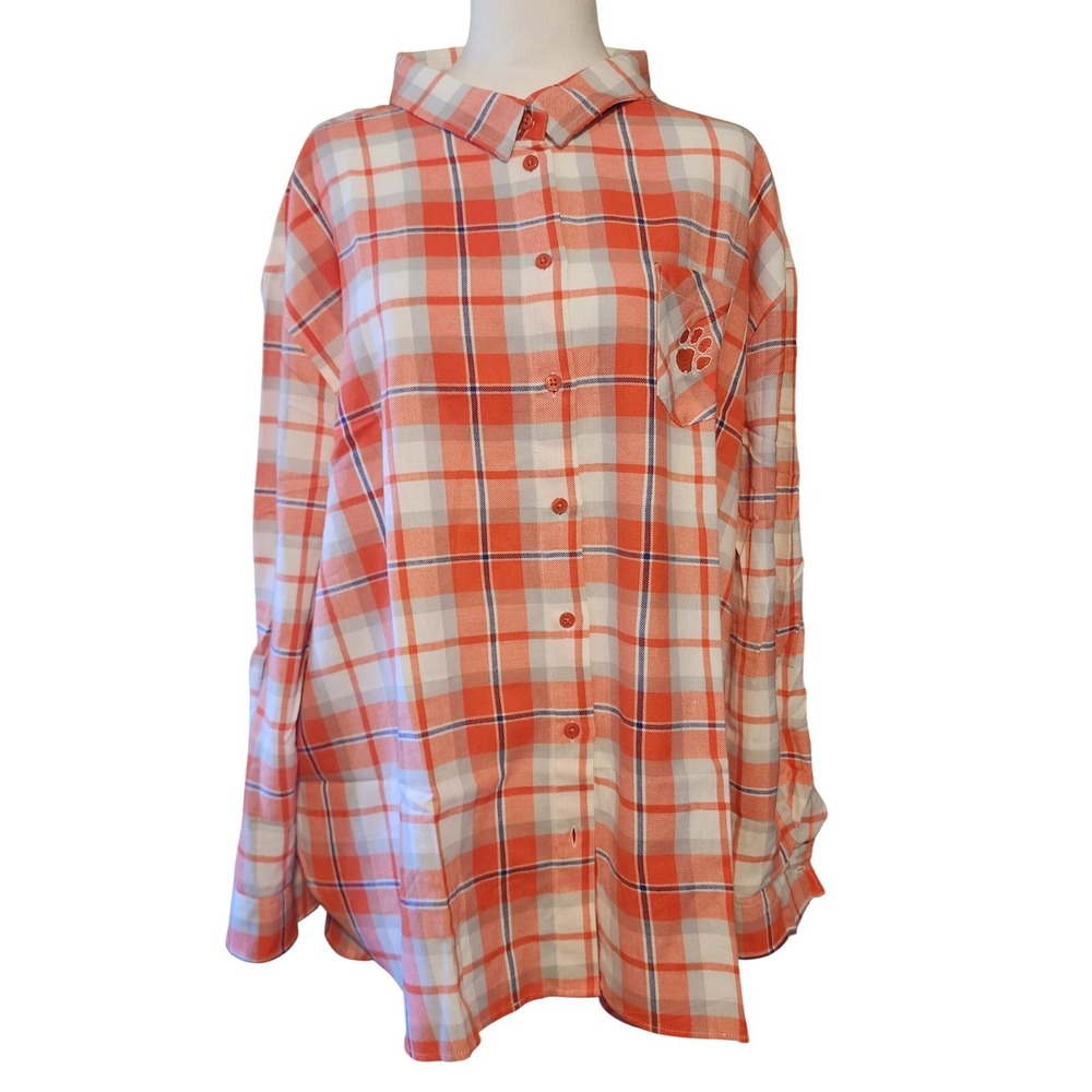 UG Apparel Womens 2X Orange Plaid Button Down Long Sleeve Shirt Clemson Paw